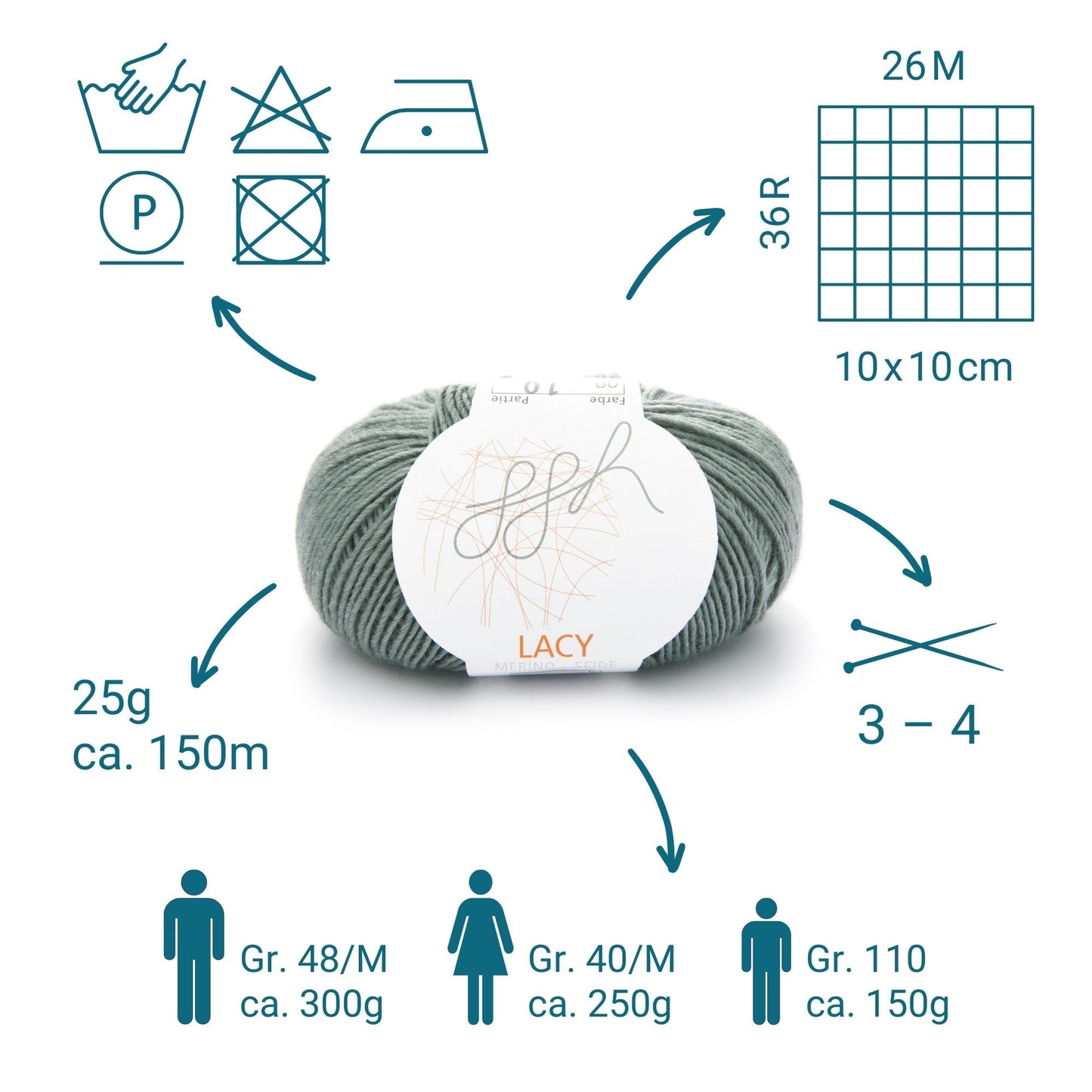 ggh Lacy | Set mit 4 x 25g (insg. 100g) - 009 - Grüngrau - Strickwolle - Handarbeiten - 3