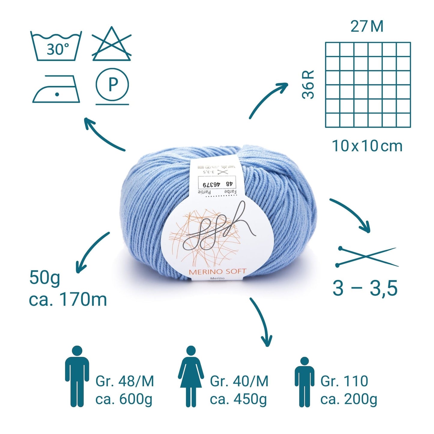 ggh Merino Soft | Merinowolle | 170m/50g | 048 - Himmelblau - Handarbeiten - 2