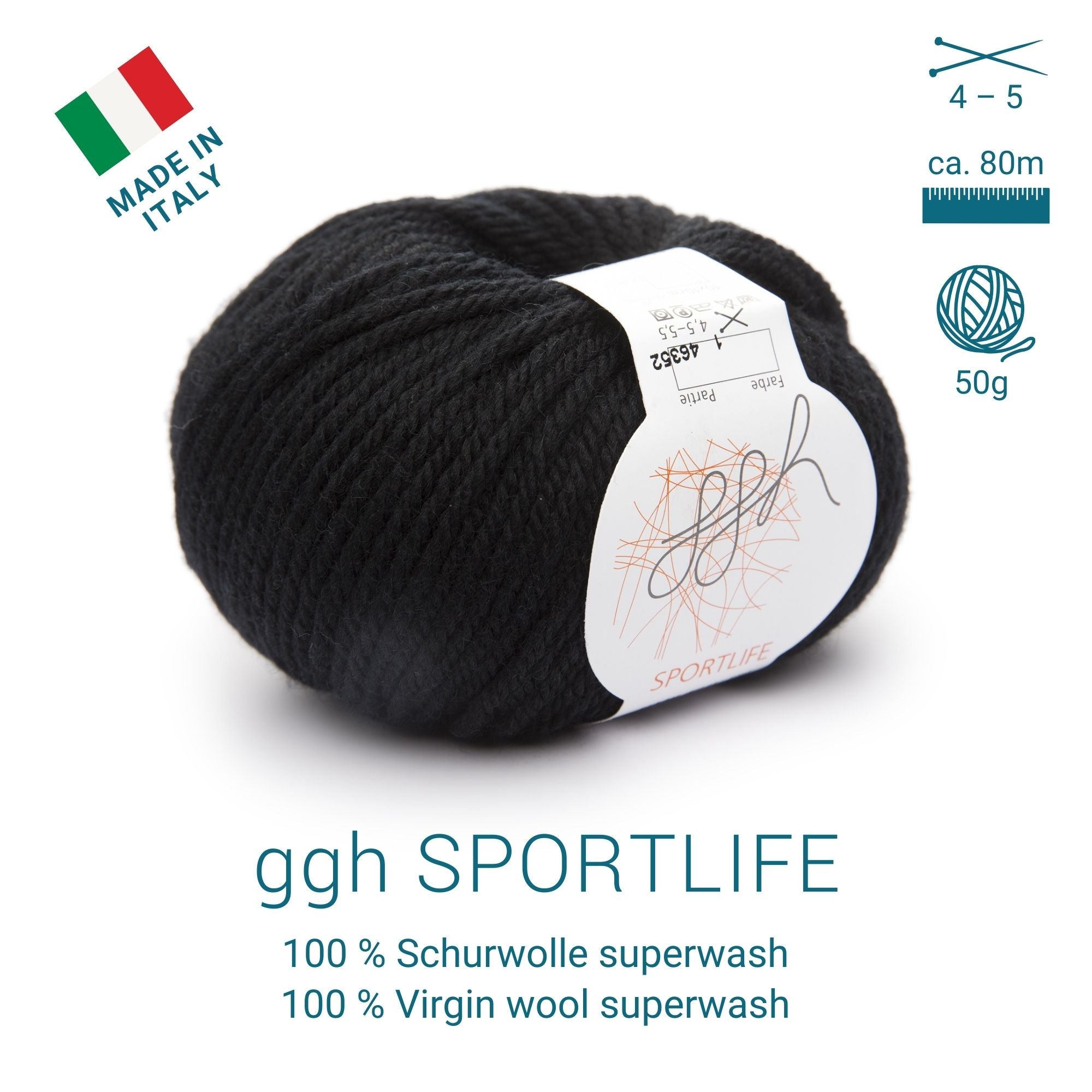 ggh Sportlife | Strickwolle | Schurwolle | 80m/50g | 001 - Schwarz ...